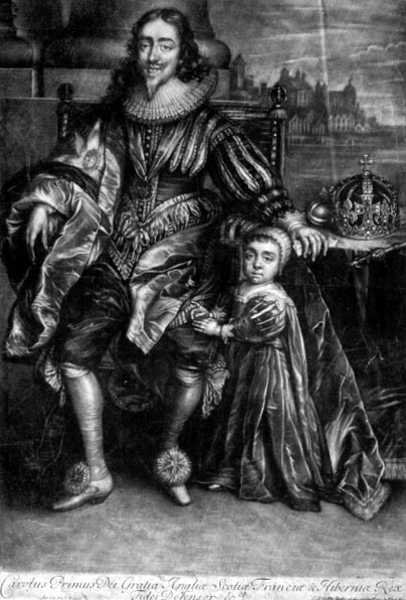 Charles I (1600-49) med en søn (stik) af Anthony van (after) Dyck