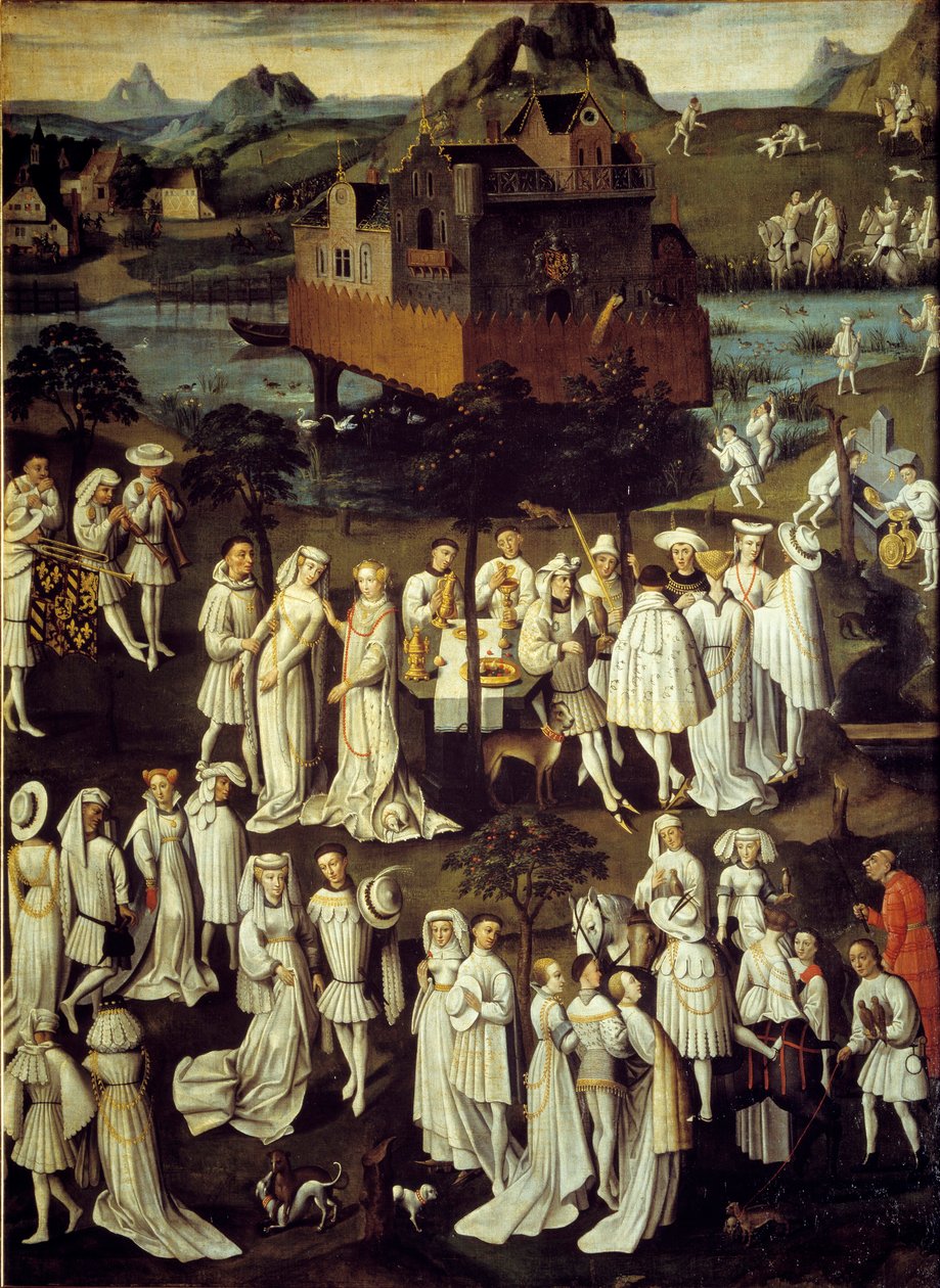 Kærlighedens have ved Filip III den Godes hof, hertugen af Bourgogne, i haven til slottet Hesdin i 1432 Fester givet i anledning af brylluppet af hans kammerherre Andre de Toulongeon - Maleri af Anton Van Dyck (1599-1641) ) af Anthony van (after) Dyck