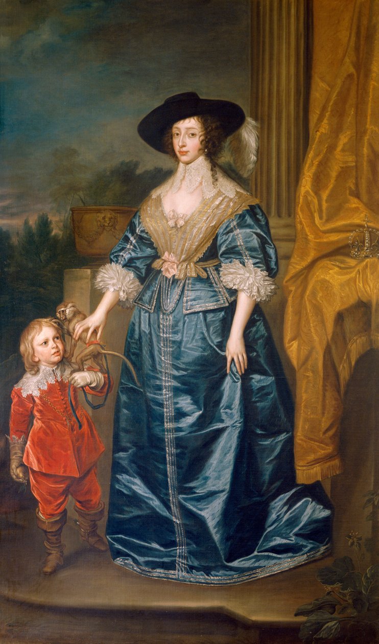 Dronning Henrietta Maria og dværgen Sir Jeffrey Hudson (olie på lærred) af Anthony van (after) Dyck