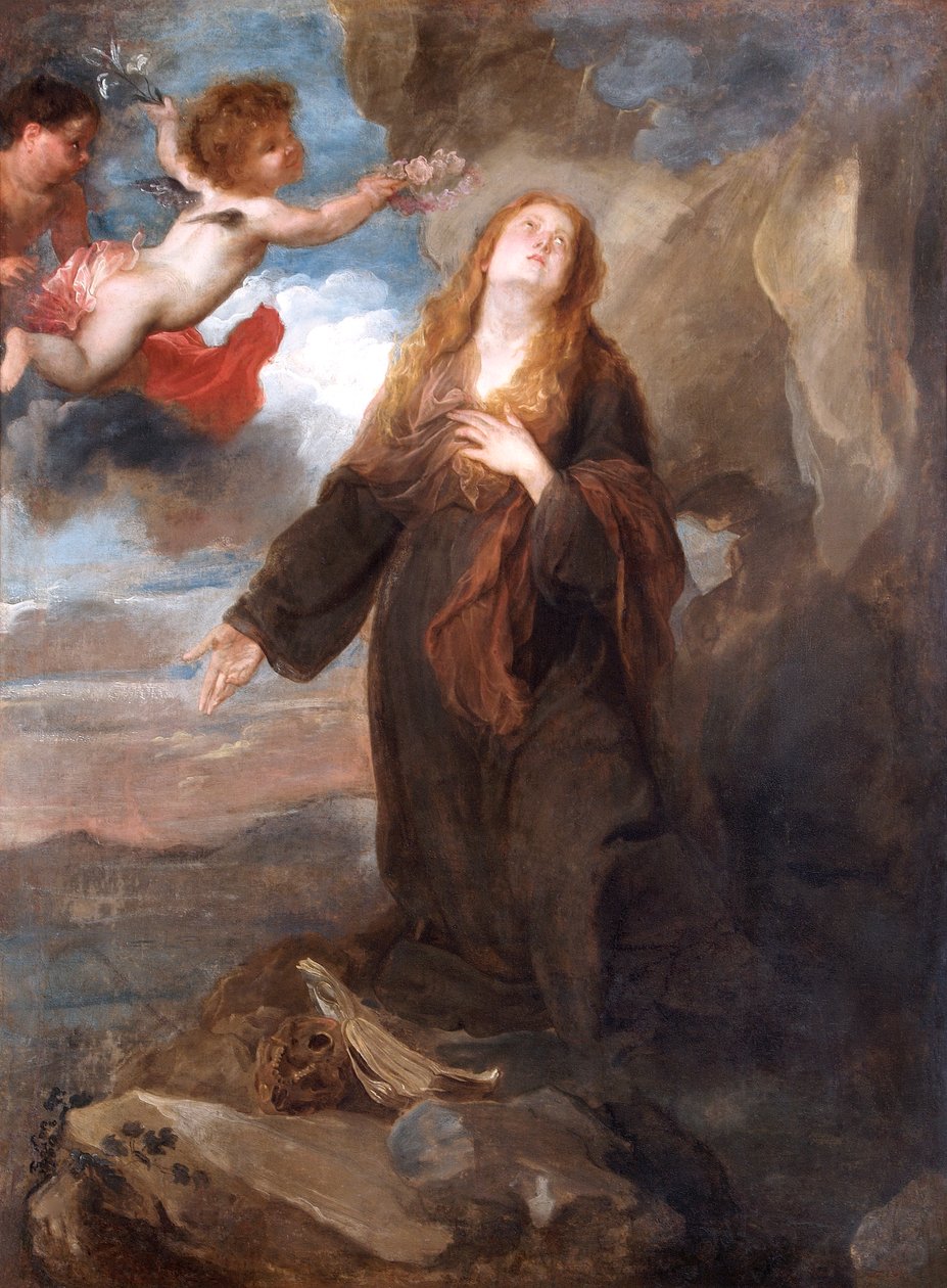 Sankt Rosalie kronet med roser af to engle af Anthony van (after) Dyck