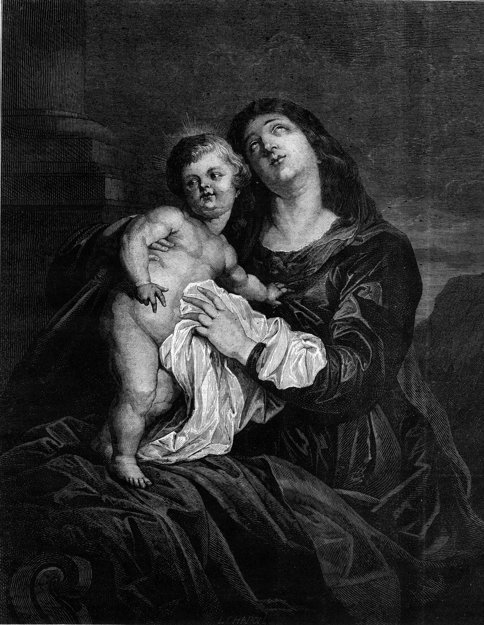 Jomfruen og Jesusbarnet. Gravering efter et maleri af Anton (Antoon eller Anthony) van Dyck (1599-1641). Indgravering i "" Le Monde Illustré"" nr. 1239 af 25. december 1880. af Anthony van (after) Dyck