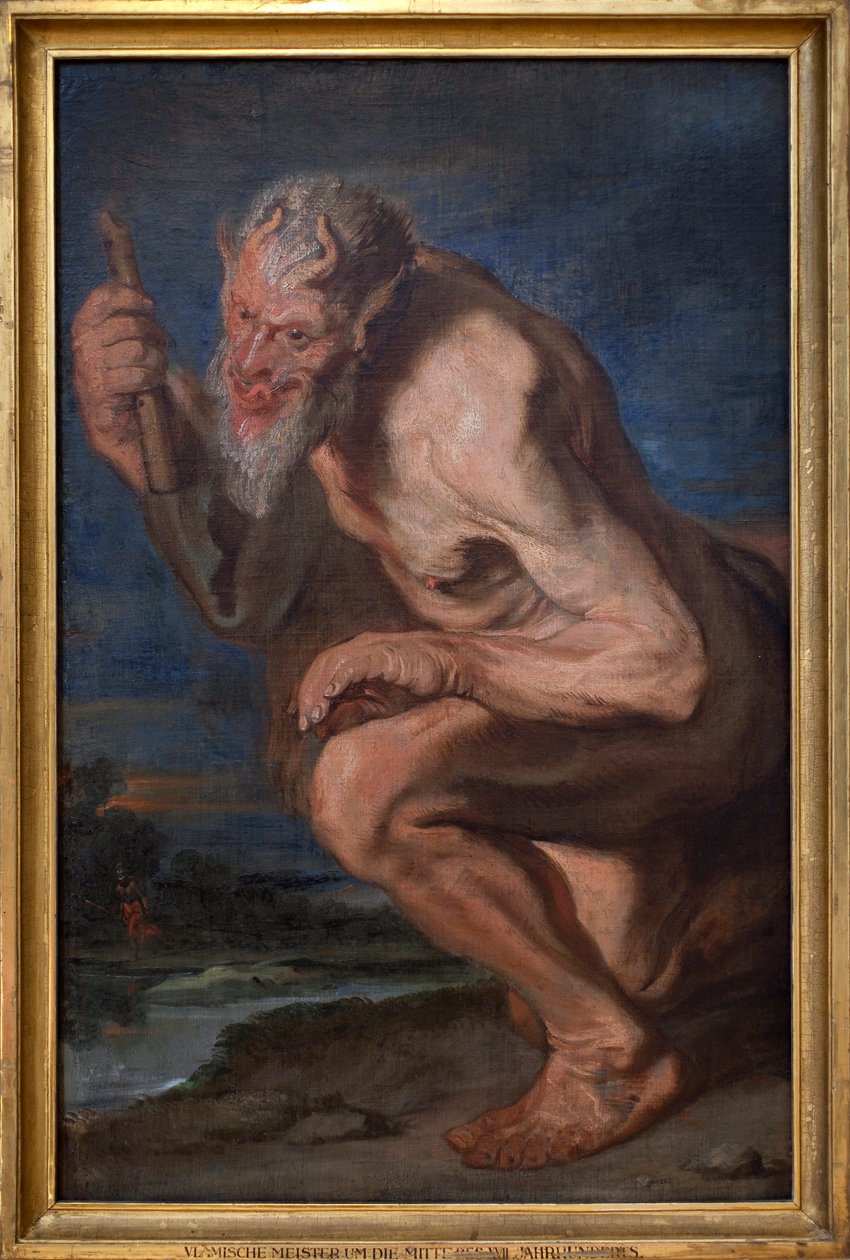 Marsyas knæler med aulos. Maleri tilskrevet Antoine (Antoine eller Antoon eller Anton) Van Dyck (1599-1641), olie på lærred af Anthony van (attr. to) Dyck