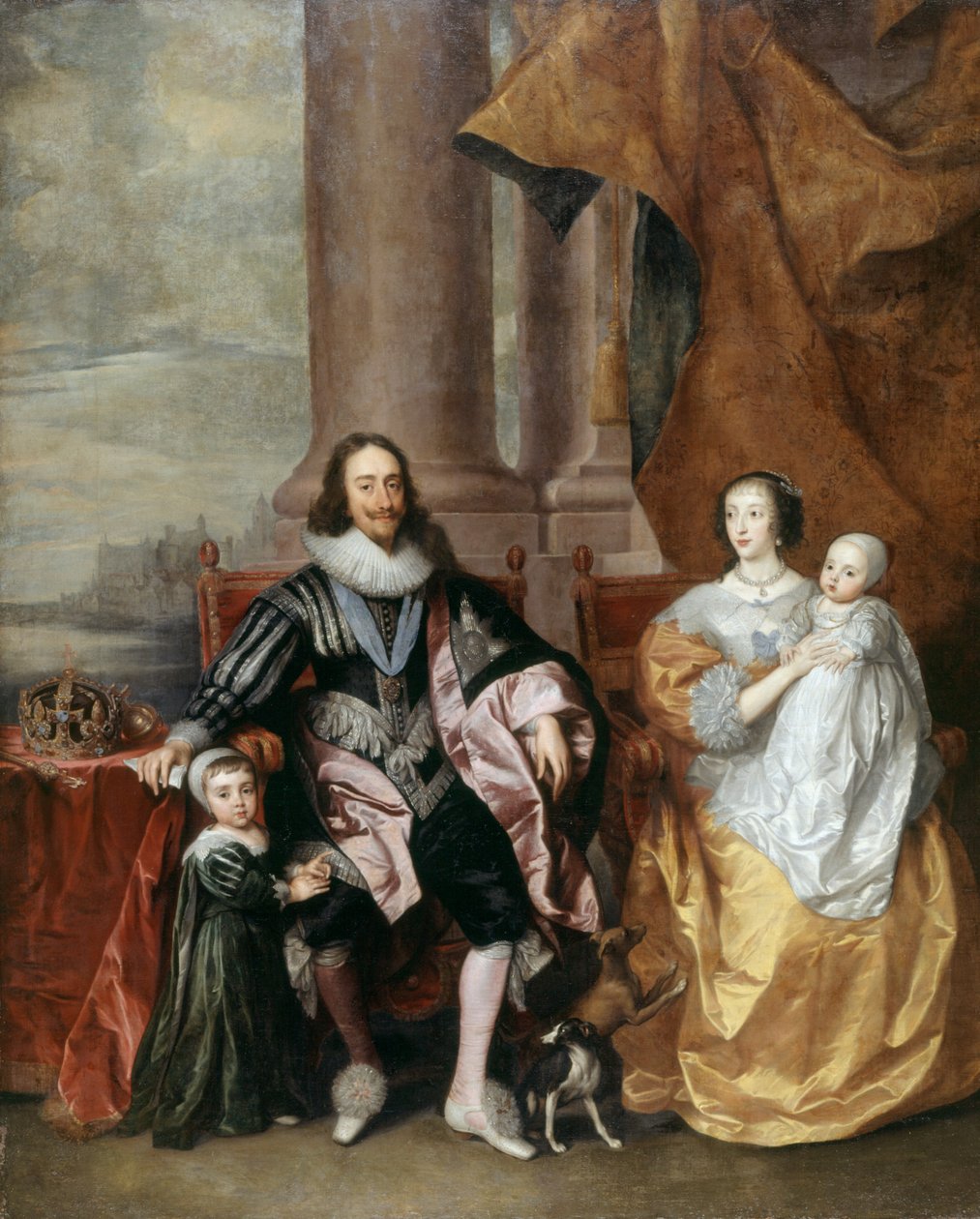 Charles I, Dronning Henrietta og to af deres ældste børn (olie på panel) af Anthony van (follower of) Dyck