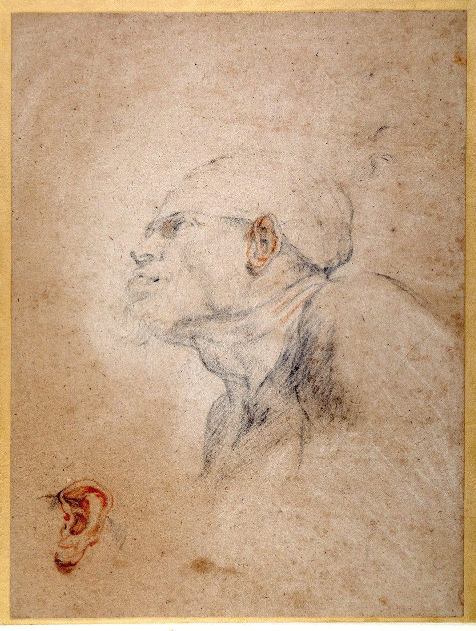 En mands hoved bandageret, hans venstre øre øvet separat (sort og rød kridt på papir) af Anthony van Dyck