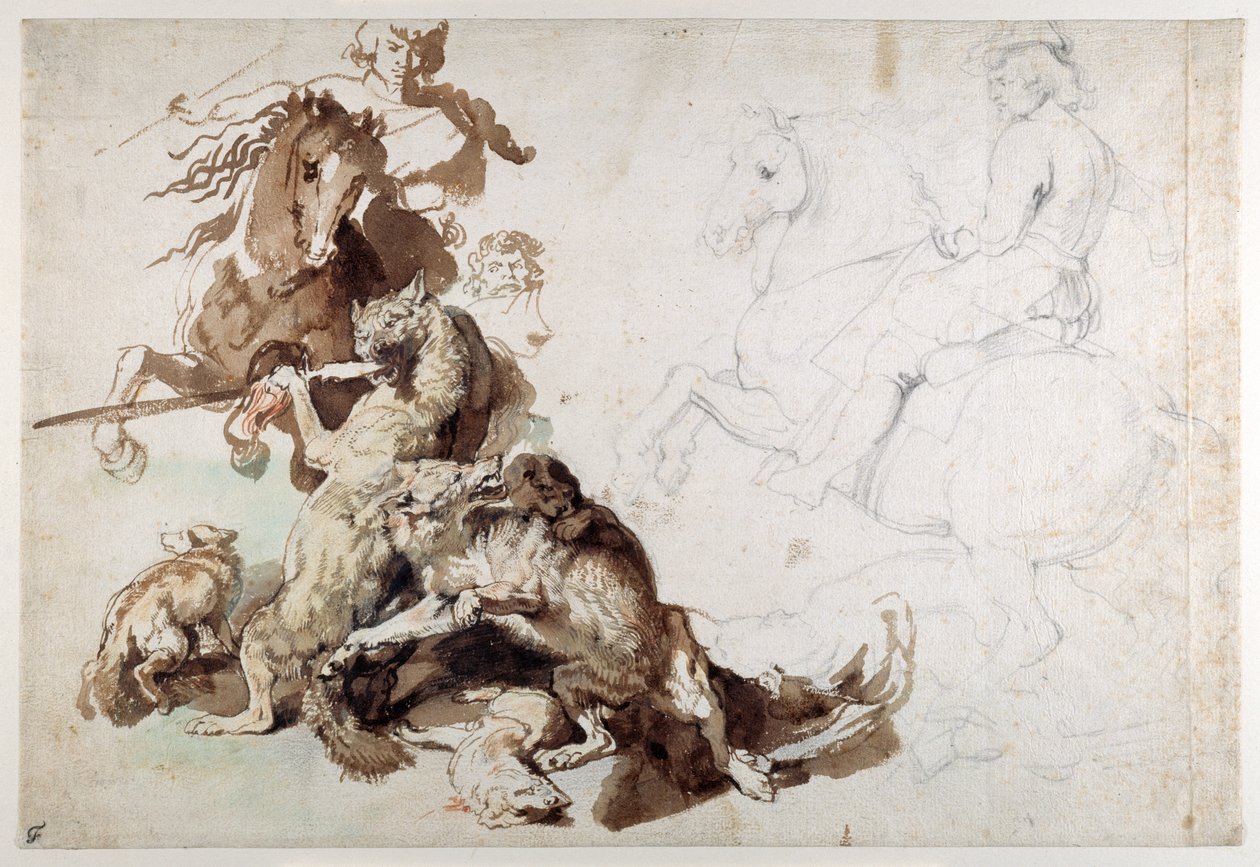 En ulve- og rævejagt (The European Hunt) (kridt med vask på papir) af Anthony van Dyck