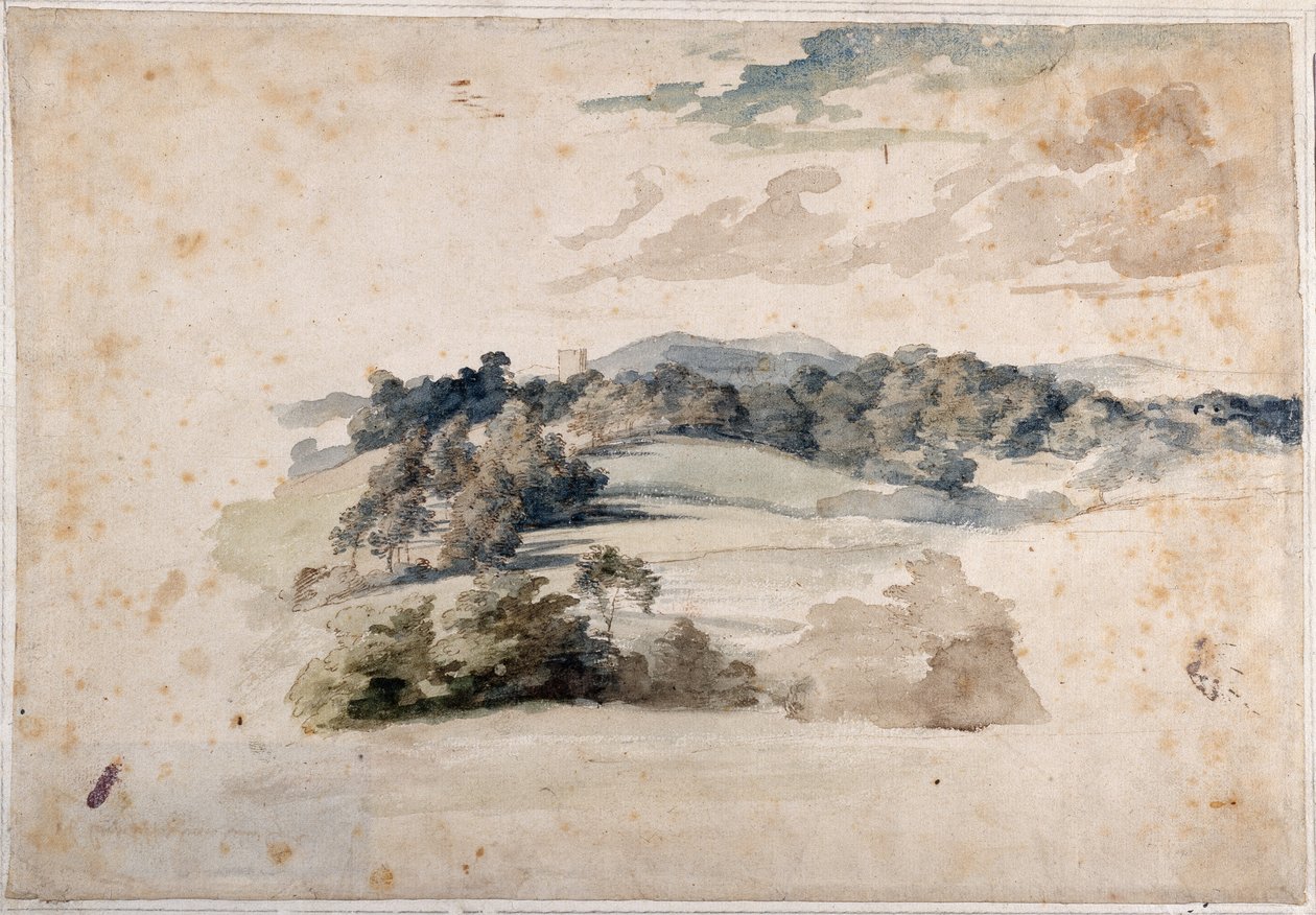 Et engelsk landskab med enge og skovklædte bakker (blyant og akvarel på papir) af Anthony van Dyck