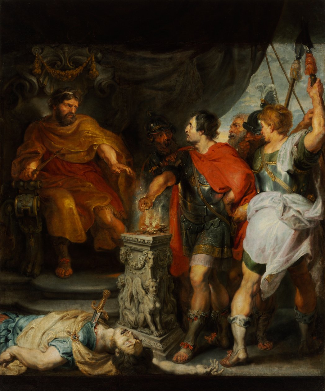 Caius Mucius Scaevola, jeune patrician romain capture par la garde royale de Porsenna (Porsinna, Porsena) af Anthony van Dyck
