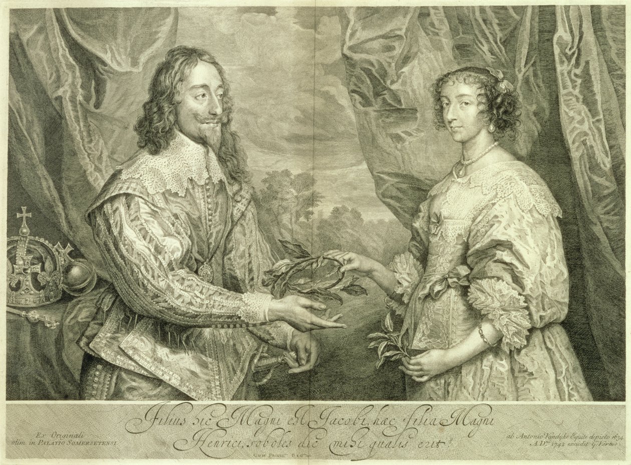 Karl I (1600-49) og Henrietta Maria (1609-69), graveret af George Vertue (1684-1756) efter et maleri fra 1634, 1742 af Anthony van Dyck