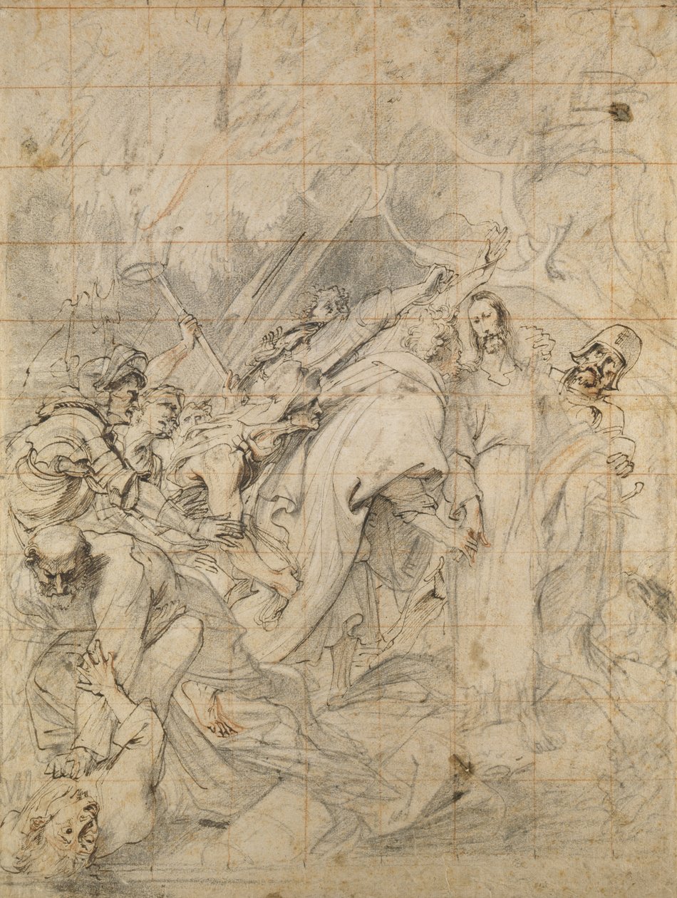 Kristus bliver taget til fange (sort, hvid og rød farveblyant på brunt papir med brunt blæk) af Anthony van Dyck