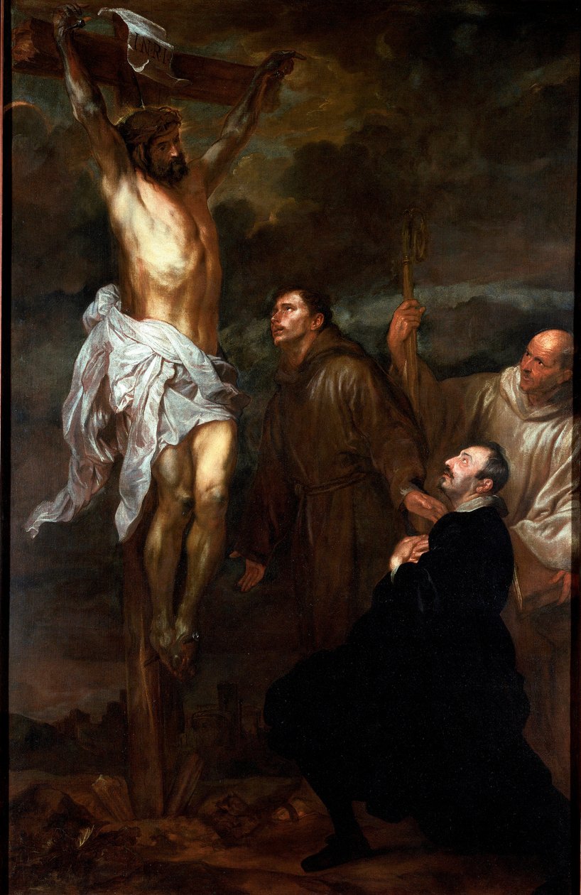 Francesco Orero tilbeder krucifikset i nærværelse af Saint Francois og Saint Bernard Maleri af Antony Van Dyck (1599-1641) 1624 eller 1627 Dim. 325x210 cm Rapallo, San Michele di Pagana, chiesa di San Michele af Anthony van Dyck