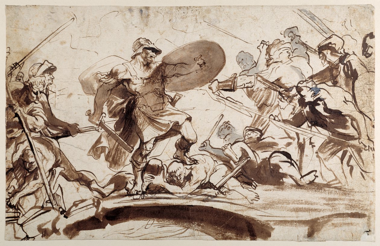 Horatius Cocles forsvarer Tiberbroen (pen og blæk med vask på papir) af Anthony van Dyck