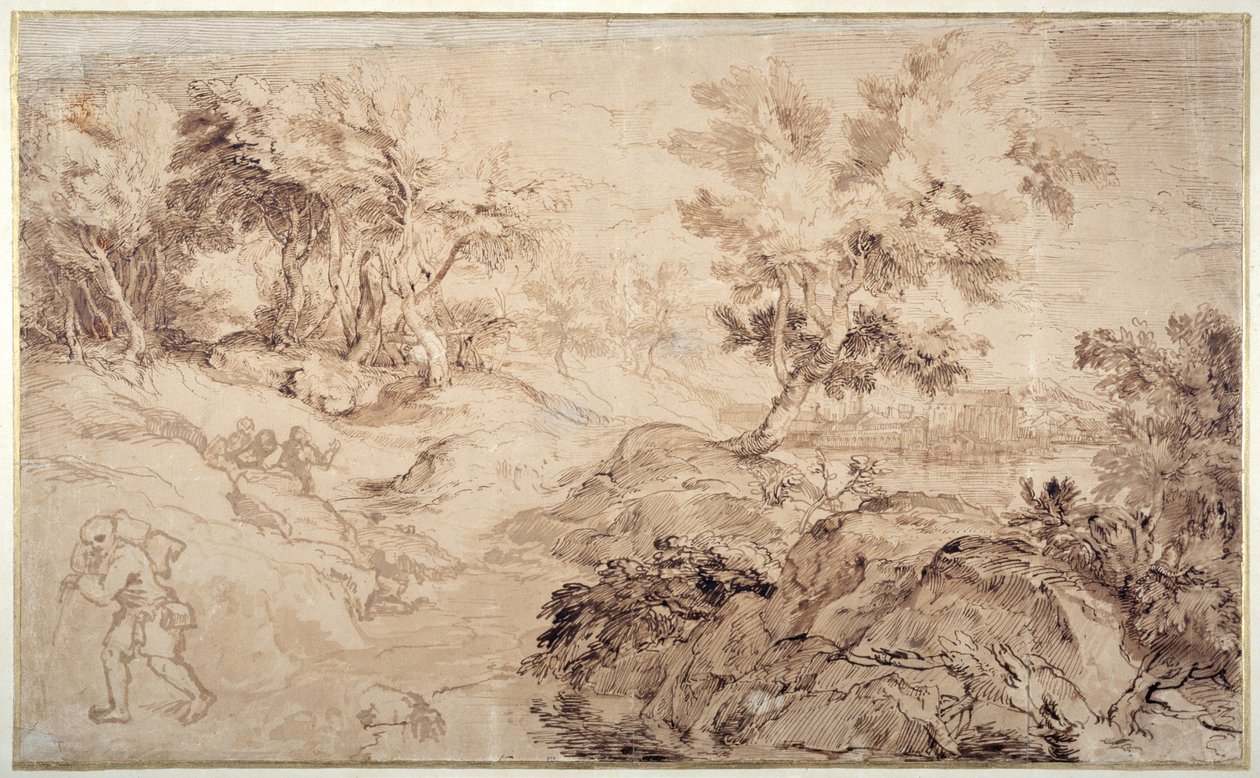 Landskab på Tizians måde (pen og blæk på papir) af Anthony van Dyck
