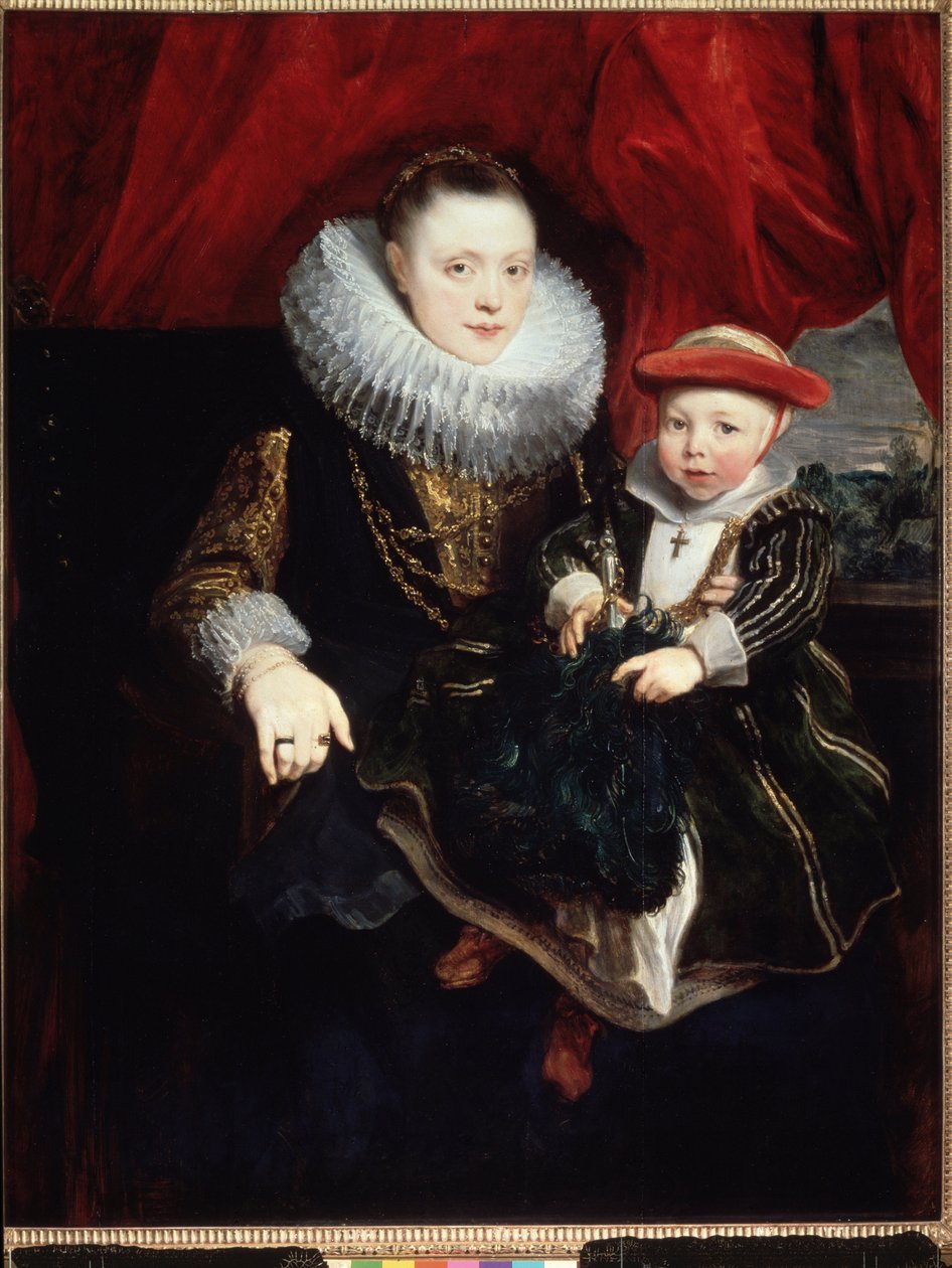 "Portræt af en ung kvinde med et barn" (hun bærer et jordbær) Maleri af Sir Anthonis (Anton eller Antoon) van Dyck (1599-1641) 1618 Dim. 131x102 cm Museum of the Eremitage, Sankt Petersborg (Saint-Petersburg) af Anthony van Dyck