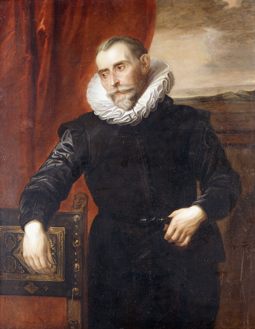 Portræt af Frans Snyders, halvlangt, i sort kostume, lænet på en stol, et landskab hinsides, af Anthony van Dyck