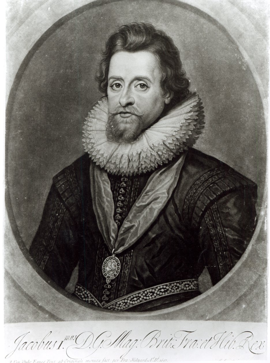 Portræt af James I (1566-1625) efter en miniature af Nicholas Hilliard (1547-1619) fra 1617, indgraveret af George Vertue (1684-1756) af Anthony van Dyck