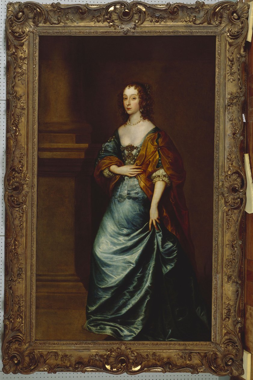 Portræt af Mary Villiers, hertuginde af Lennox og Richmond, i en blå kjole og brun omslag ved en søjle af Anthony van Dyck