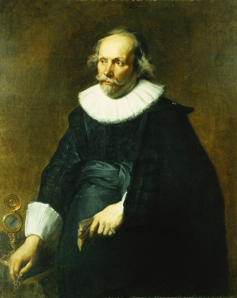 Portræt af en herre, trekvart længde, iført et sort kostume med hvid krave og manchetter, ved et bord med et ur, af Anthony van Dyck