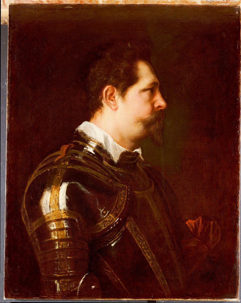 Portræt af en generel, bustelængde, i damasceneret rustning med hvid krave og rødt skær af Anthony van Dyck