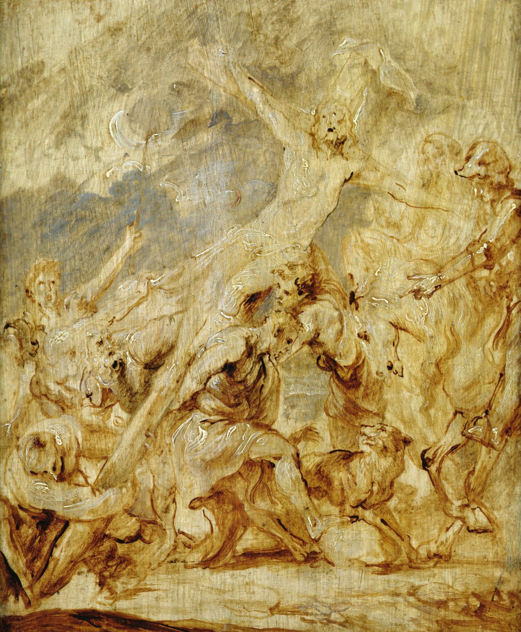 Skitse af korsløftningen, 1630 (olie & grisaille på træ) af Anthony van Dyck