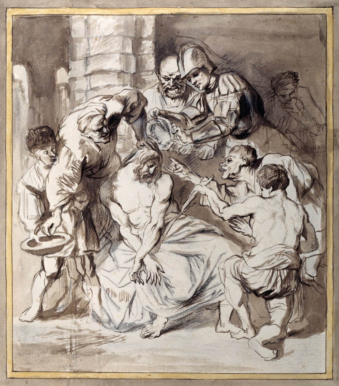 The Mocking of Christ (pen og blæk med vask over kridt på papir) af Anthony van Dyck