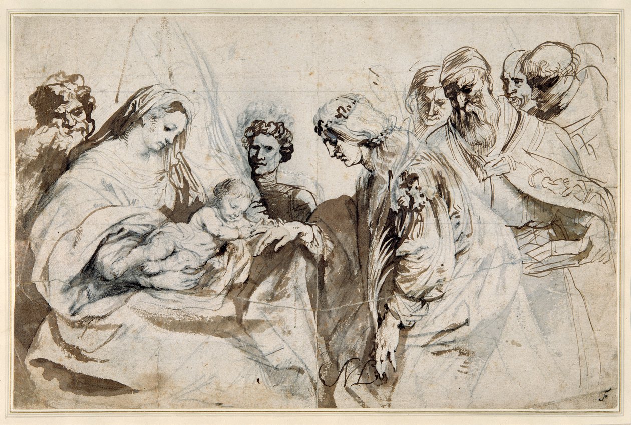 The Mystic Marriage of St. Catherine (pen & blæk med vask over kridt på papir) af Anthony van Dyck