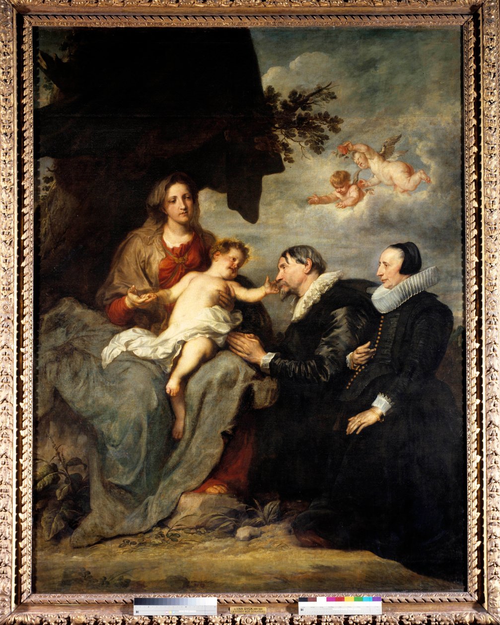 Jomfruen har barnet til donorerne. Donorparret tilsløret på 1500-tallets vis med jordbær. Maleri af Anton Van Dyck (1599-1641) 1600-tallet søn. 2,5x1,91 m af Anthony van Dyck