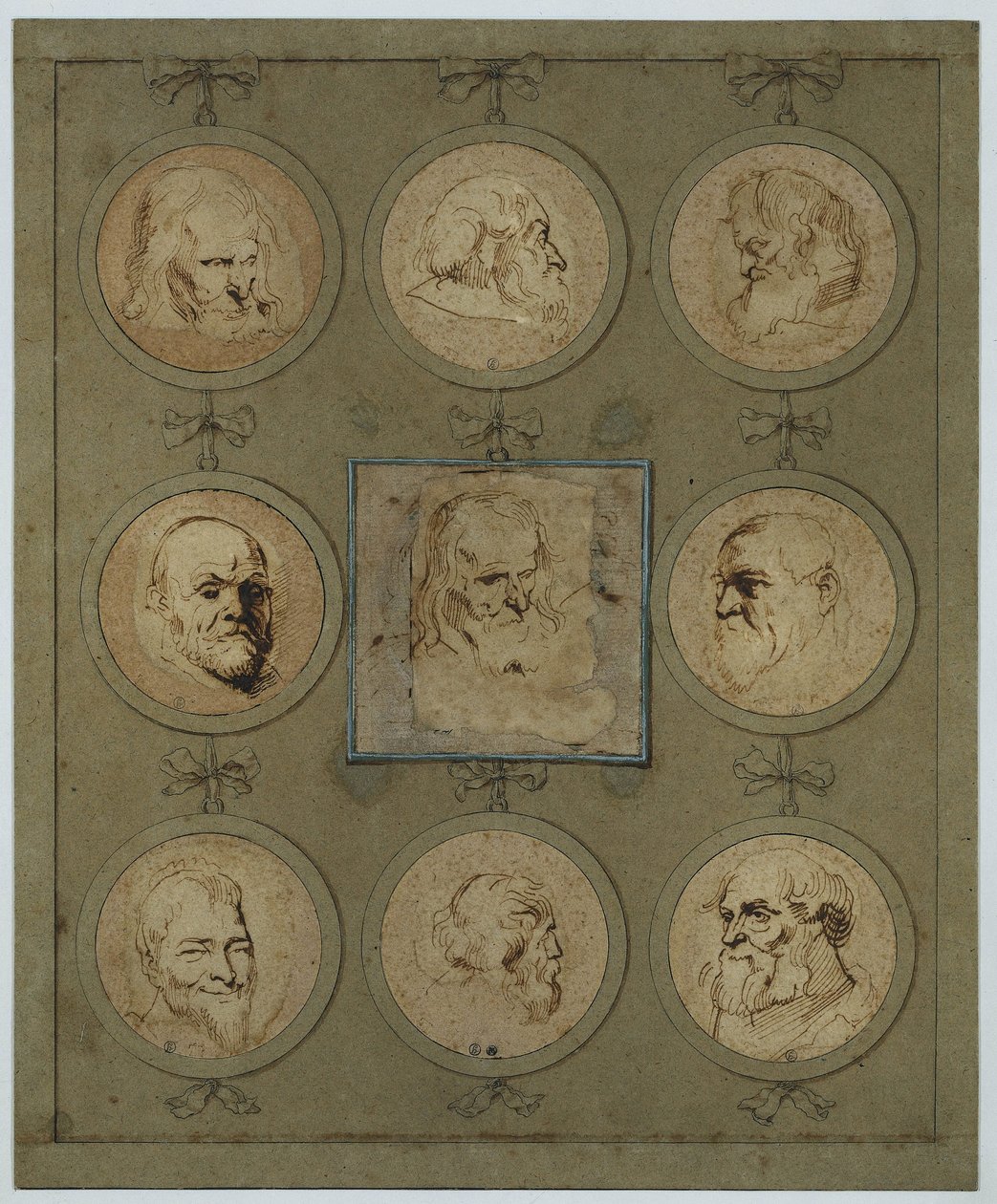 Samleblad med ni hovedstudier i medaljoner af Anthony van Dyck