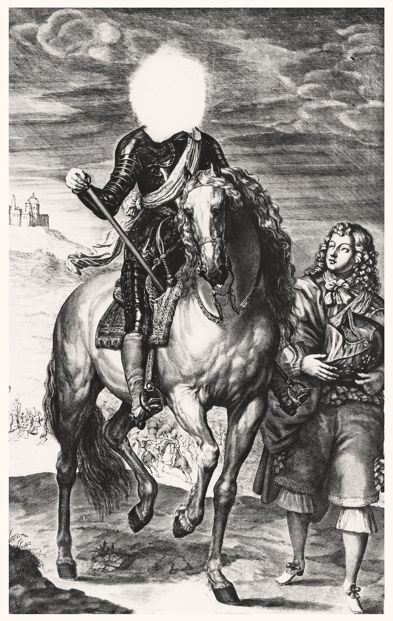 Hovedløst rytterportræt oprindeligt af Ludvig af Frankrig, indgraveret af Pierre Lombard (1612-80) (Se 105377-8) af Anthony van after Dyck