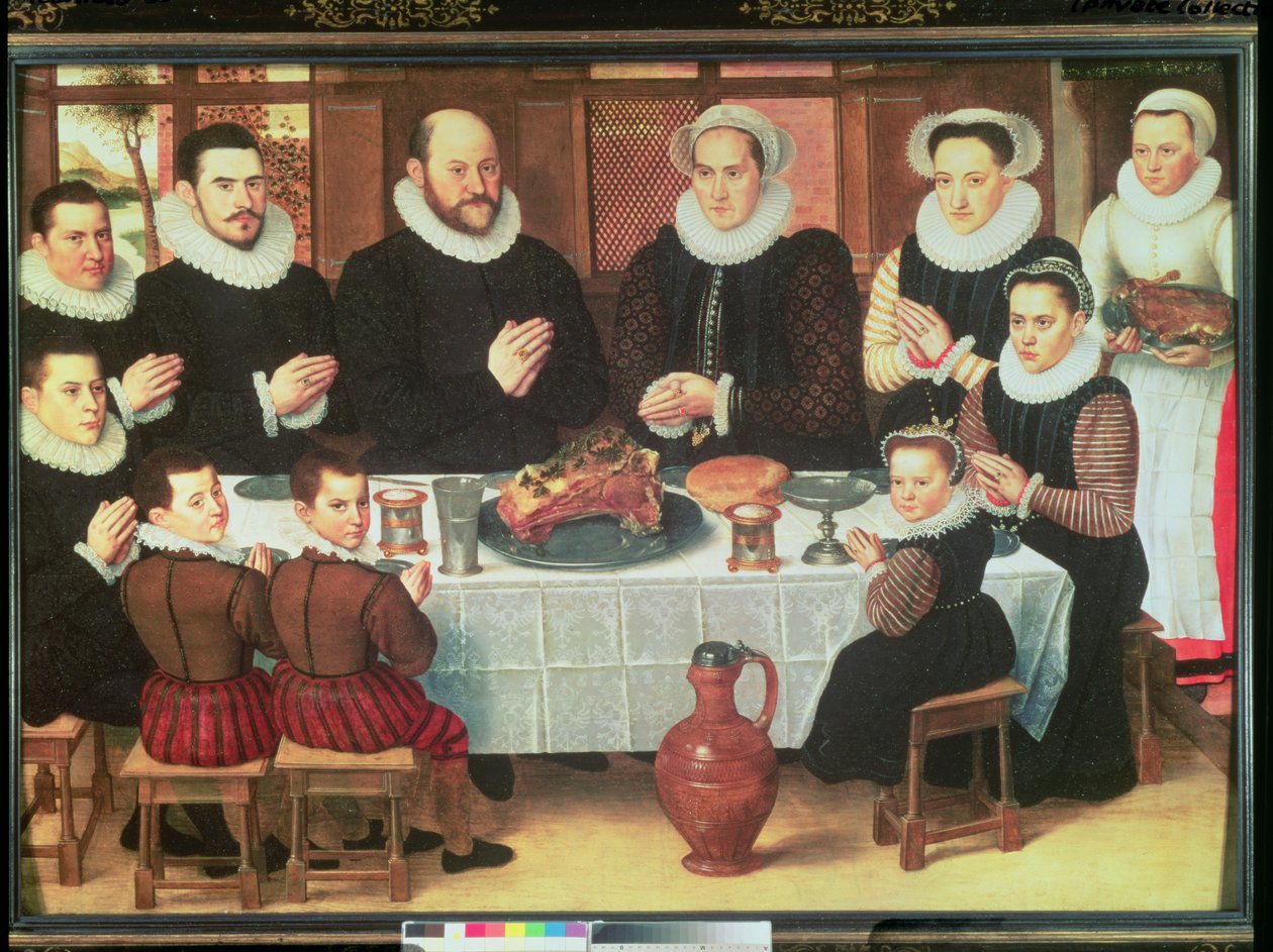 En familie der siger nåde før måltidet, 1585 af Anthuenis Claeissins or Claeissens