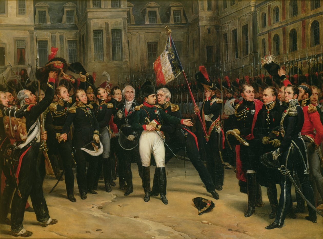 Napoleon I (1769-1821) siger farvel til den kejserlige garde i Cheval-Blanc-gården ved Chateau de Fontainebleau, 20. april 1814, 1825 af Antoine Alphonse Montfort