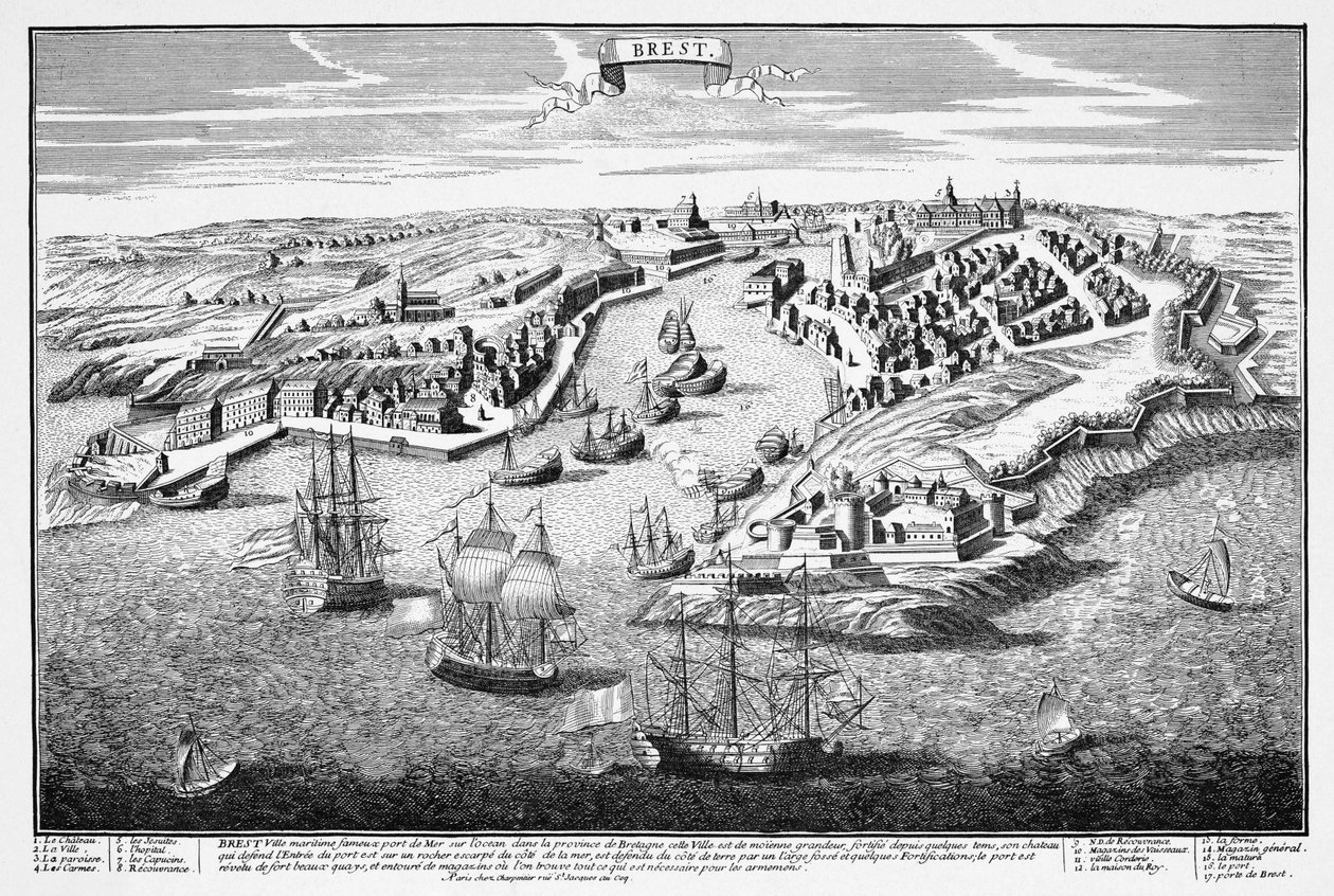 Perspektiv udsigt over byen Brest fra havnen i det syttende århundrede af Francois Antoine Aveline