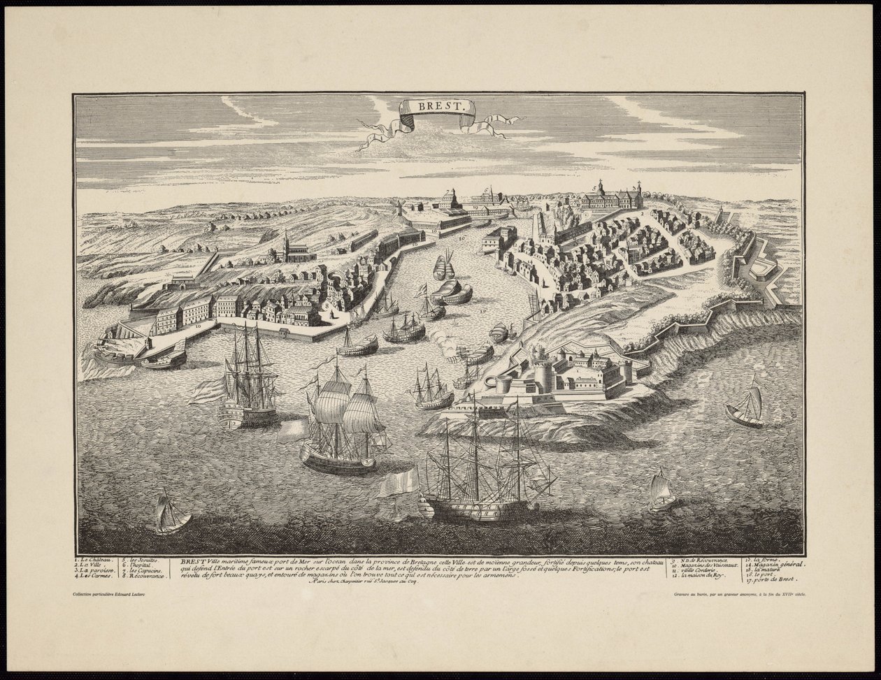 Perspektiv udsigt over byen Brest fra havnen i det syttende århundrede af Francois Antoine Aveline