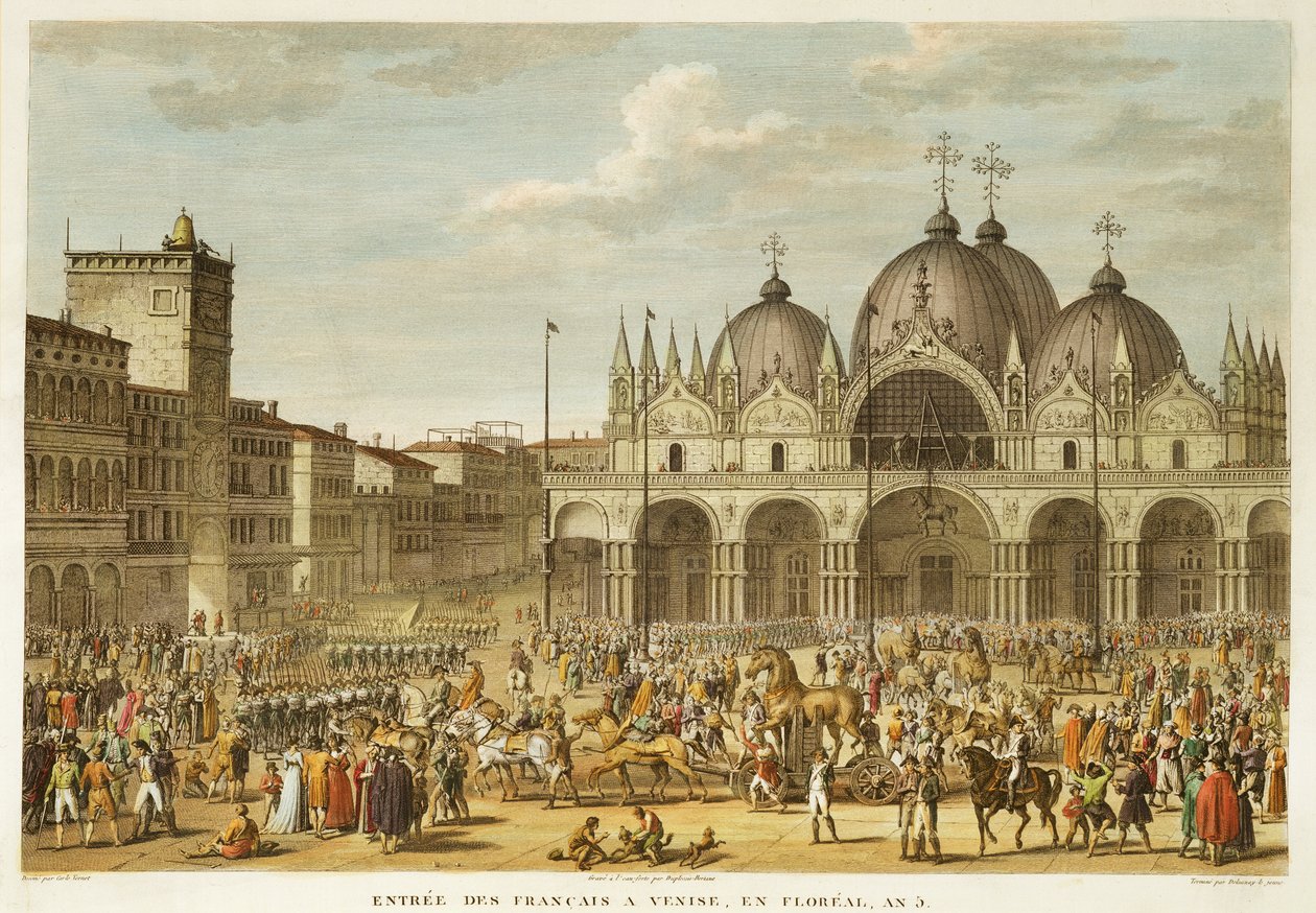 Franskmændenes indtog i Venedig og tyveriet af San Marco-hestene i Floreal, år 5 (maj 1797) indgraveret af Jean Duplessi-Bertaux (1747-1819) (akvatint) af Antoine Charles Horace Vernet