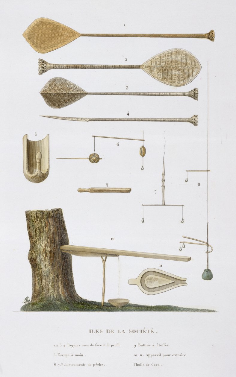 Society Islands: pangas, fiskekroge og andre redskaber, fra "Voyage autour du Monde, executee par Ordre du Roi sur La Corvette de Sa Majeste, La Coquille, pendant les Annees 1822, 1823, 1824 et 1825" (rejse rundt om verden, udført af kongens ordre på Sa Ma af Antoine Chazal