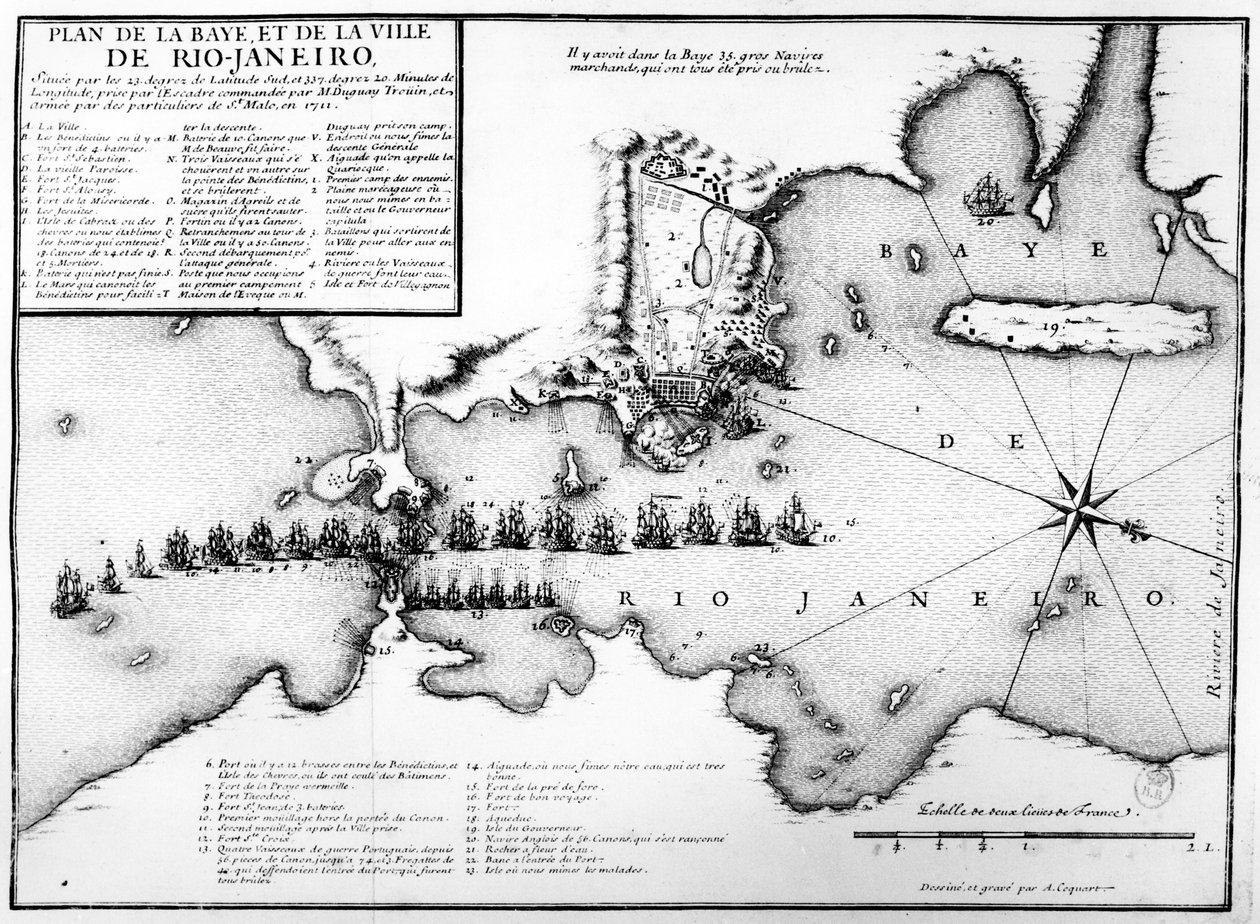 Plan for Rio de Janeiro-bugten og byen og dispositionen af de franske og portugisiske flådestyrker under det franske angreb under Duguay-Trouin i 1711, ca. 1730 af Antoine Coquart