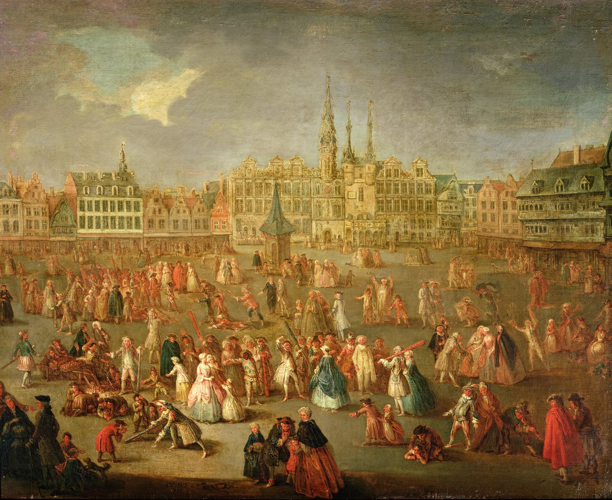 Grand Place under Mardi Gras, Cambrai, 1765 af Francois Aubert