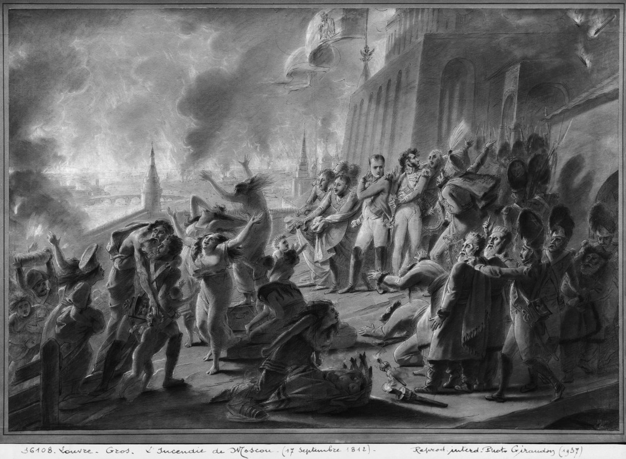 Fire of Moscow i september 1812 (pen og brunt blæk og grå vask og gouache-højdepunkter på papir) af Antoine Jean Gros