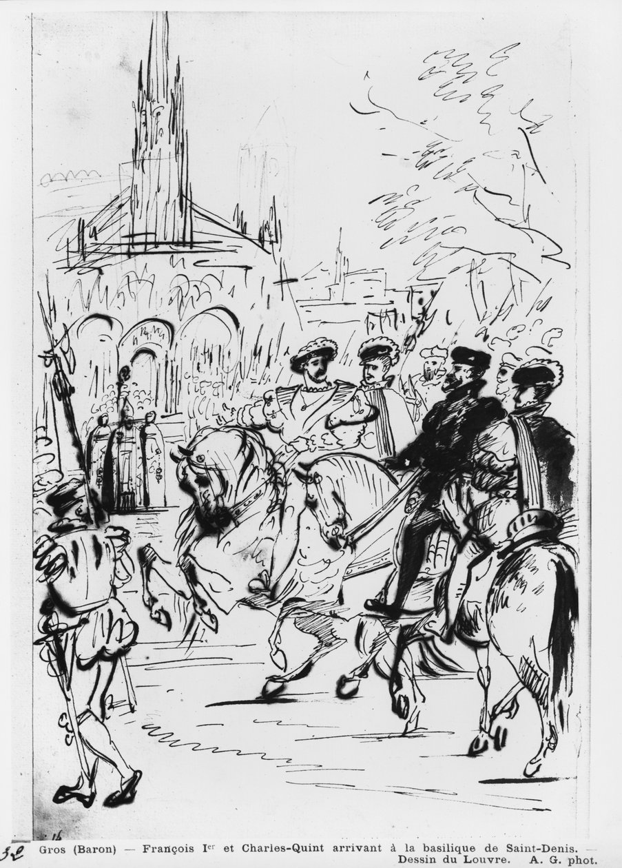 Frans I og Karl V ankommer til klosterkirken i Saint-Denis, ca. 1811 (pen og brun blæk og grafit på papir) af Antoine Jean Gros