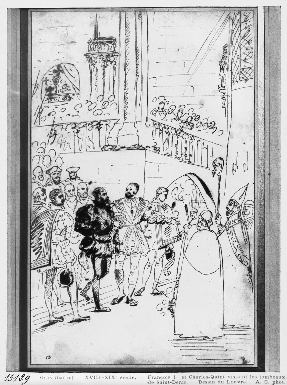 Francis I og Charles V ved Abbey Church of Saint-Denis, ca. 1811 (pen og brunt blæk og grafit på papir) af Antoine Jean Gros