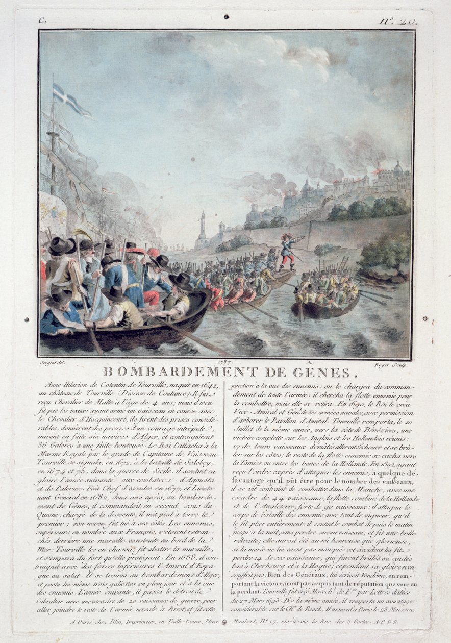Bombardement af Genova, 1684, indgraveret af Jean Baptiste Morret (fl.1790-1820), 1787 af Antoine Louis Francois Sergent Marceau
