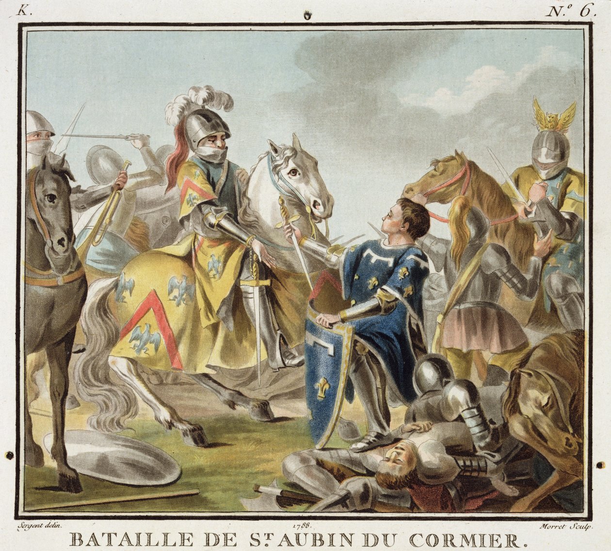 Slaget ved St Aubin du Cormier i 1488, indgraveret af Jean Baptiste Morret (fl. 1790-1820) 1788 af Antoine Louis Francois Sergent Marceau