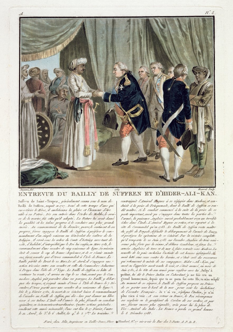 Møde mellem Pierre Andre de Suffren de Saint Tropez (1729-88) og Haider Ali (1728-82), 1782, indgraveret af Jean Baptiste Morret (fl.1790-1820), 1789 af Antoine Louis Francois Sergent Marceau