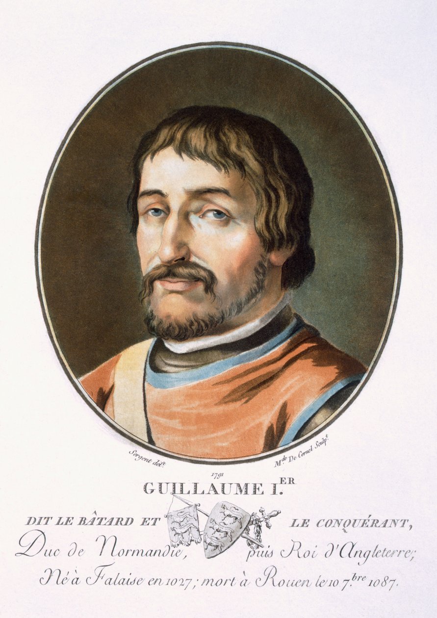 Vilhelm Erobreren, fra "Portraits des grands hommes, femmes illustres, et sujets memorables de France, grave et imprimes en couleurs", udgivet af Pierre Blin, 1786-92, Paris (farvestik) af Antoine Louis Francois Sergent-Marceau