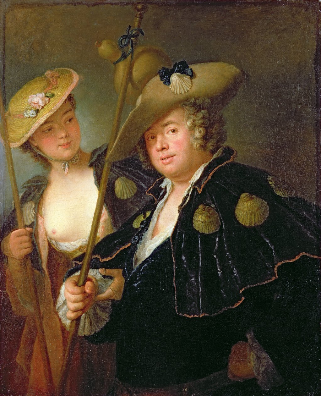 Gustav Adolf greve von Gotter og hans niece Friederike von Wangenheum i pilgrimskostumer, ca. 1750 af Antoine Pesne