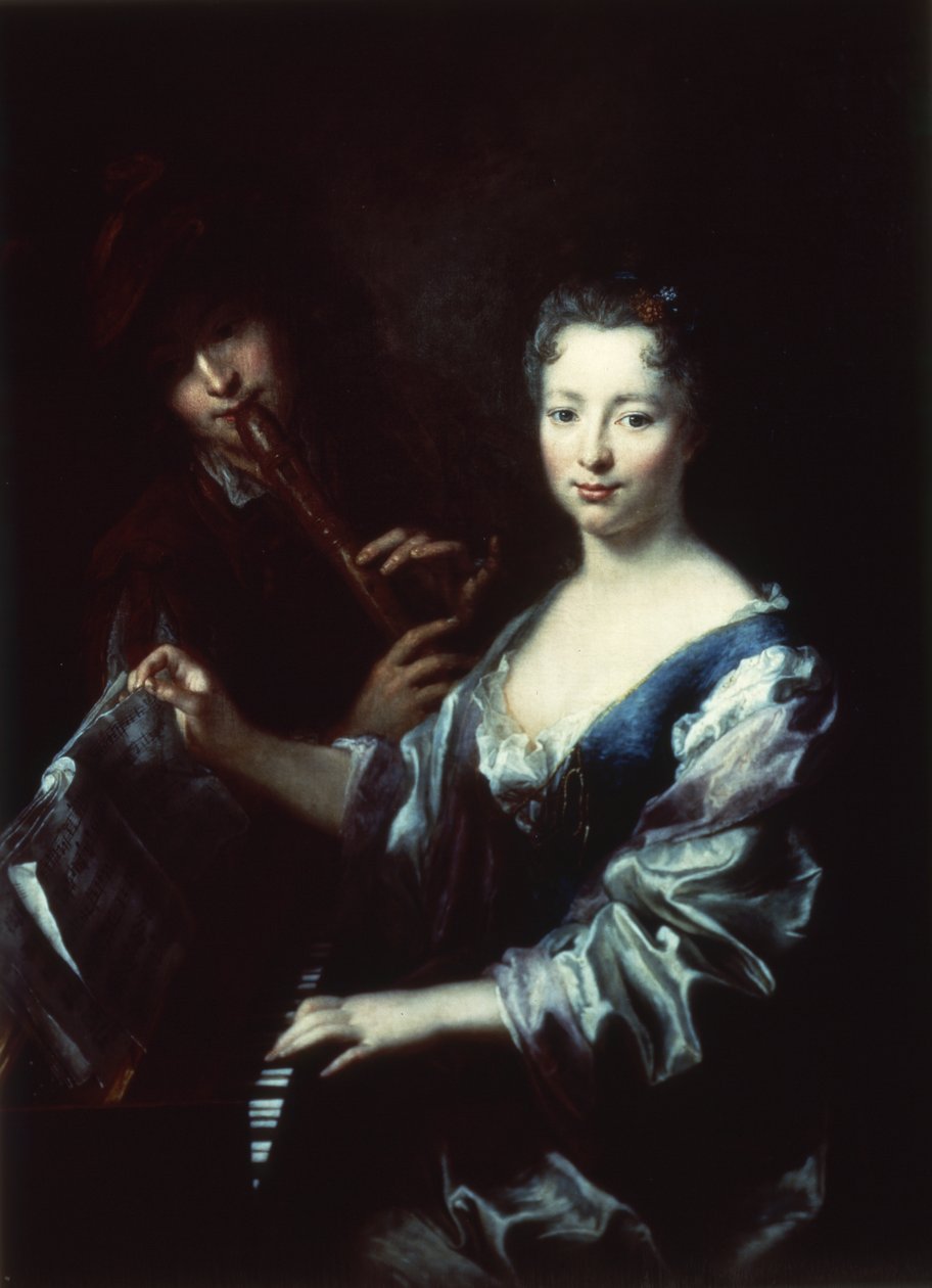 Dame spiller spinet og fløjtenist af Antoine Pesne