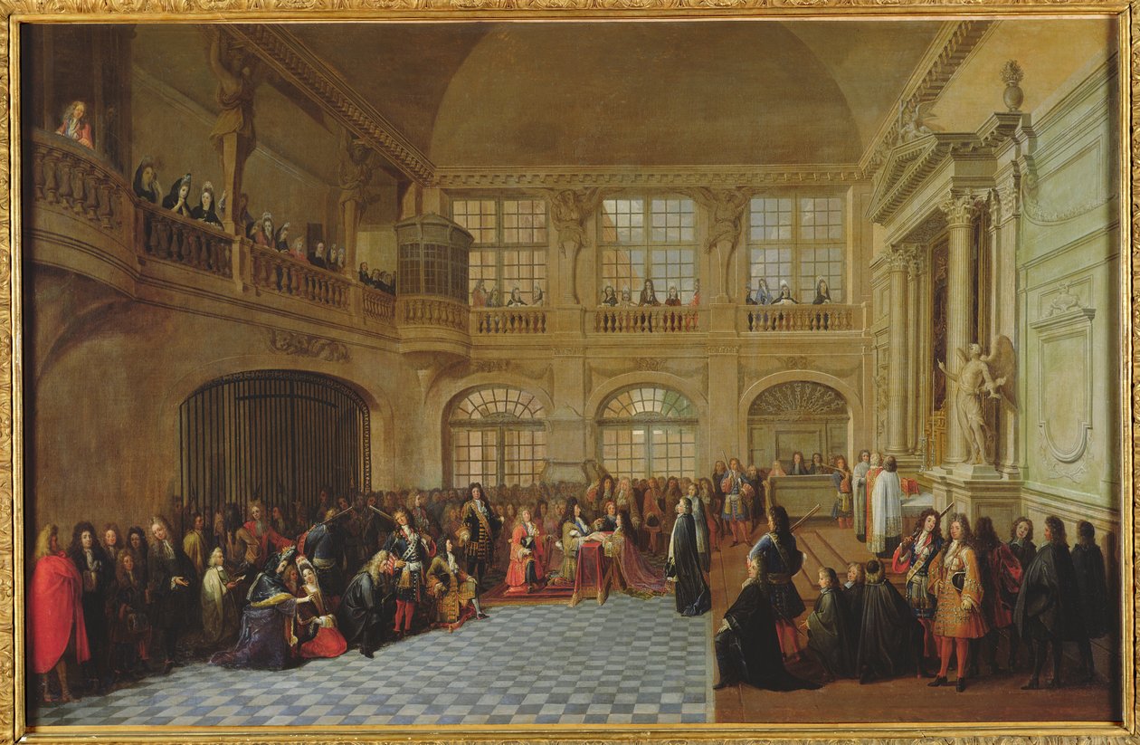Philippe de Courcillon (1638-1720), markis af Dangeau, aflægger sin ed til kong Ludvig XIV (1638-1715) i 1695, slutningen af det 17. århundrede. af Antoine Pezey