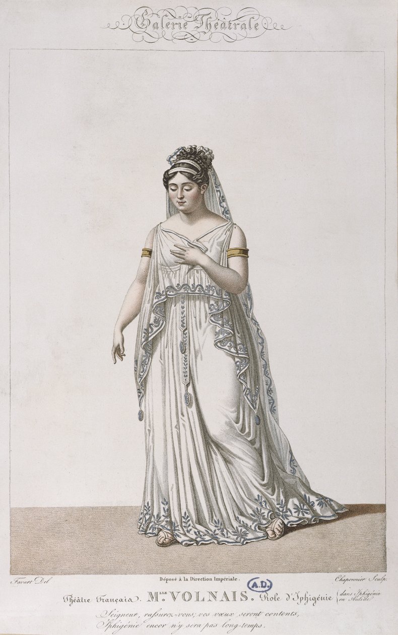 Portræt af Madame Volnais i rollen som Iphigenia, for Iphigenia in Aulis af Christoph von Gluck (1714-87) til Galerie Theatrale-serien, ca. 1815 af Antoine Pierre Charles Favart