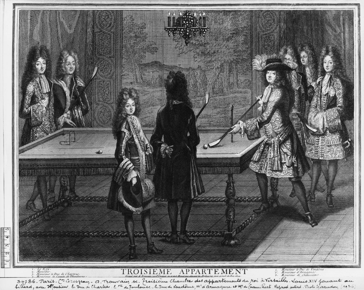 Ludvig XIV spiller billard med sin bror, Monsieur, hans nevø hertugen de Chartres, hans søn, Comte de Toulouse og andre slægtninge og hoffolk, hertugen de Vendome, Monsieur d