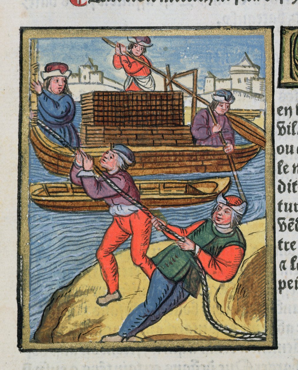 Trætransport på Seinen, fra "Ordonnances Royaux de la Juridiction de la Prevote des Marchands de la Ville de Paris", 1528 (wc und gouache på papir) af Antoine Verard