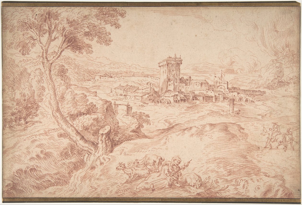 Landskab med en gammel kvinde, der holder en spindel af Jean Antoine Watteau
